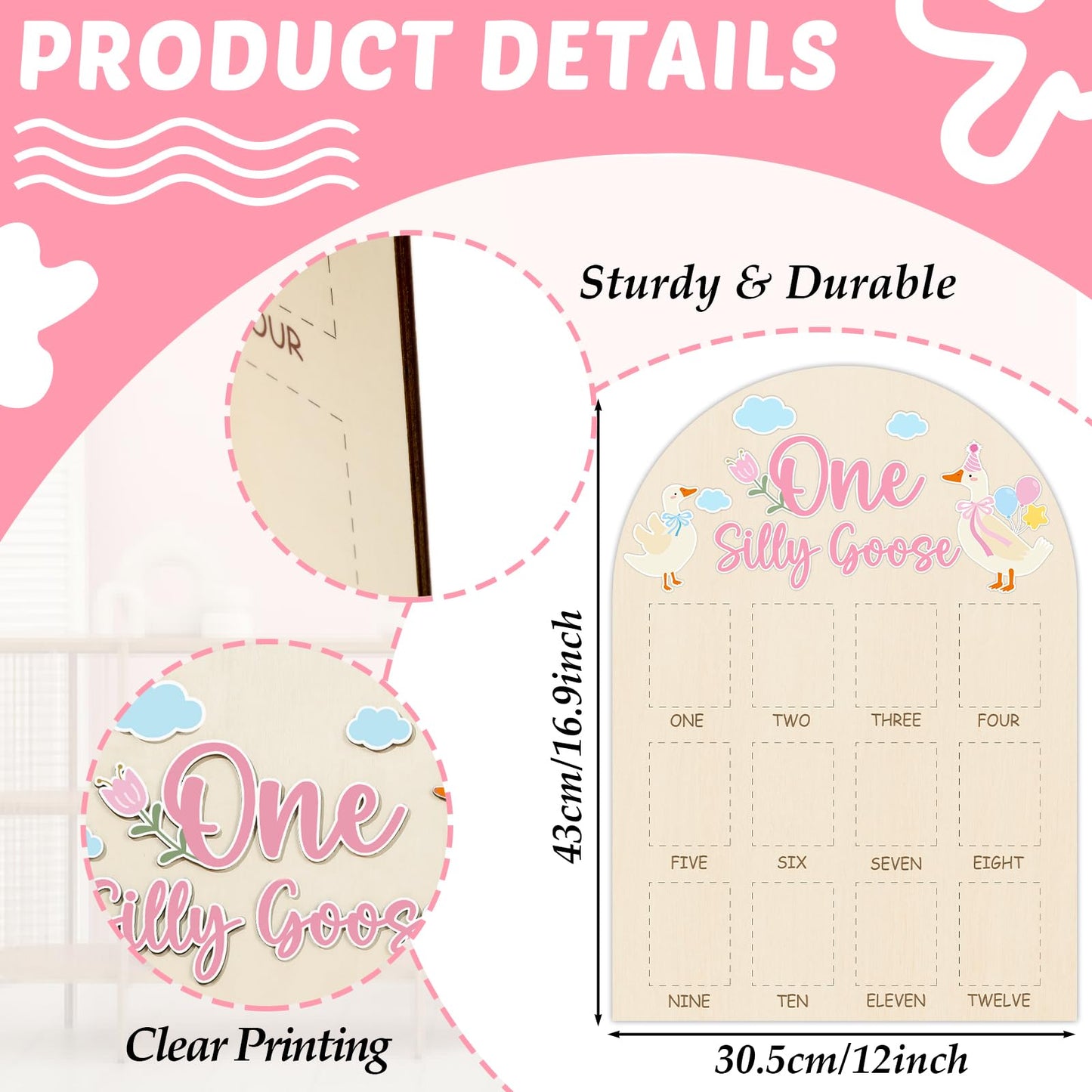 One Silly Goose Photo Board Goose Themed Birthday Party Wooden Board Decorations 12 Monthly Milestone Picture Frame One Year Old Wood Sign 1st Birthday Photo Banner for Baby Girls Keepsake Gift Supply