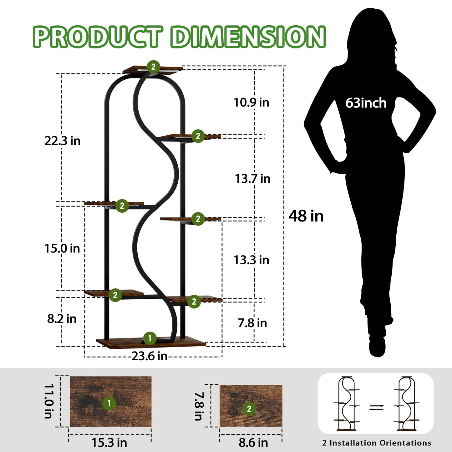 Plant Stand Indoor with Grow Lights - 48" Tall Plant Shelf Indoor, 7 Tiered Corner Plant Stands for Indoor Plants, Lighted S-Shaped Flower Holder Stand, Display Rack for Living Room, Balcony(Black)