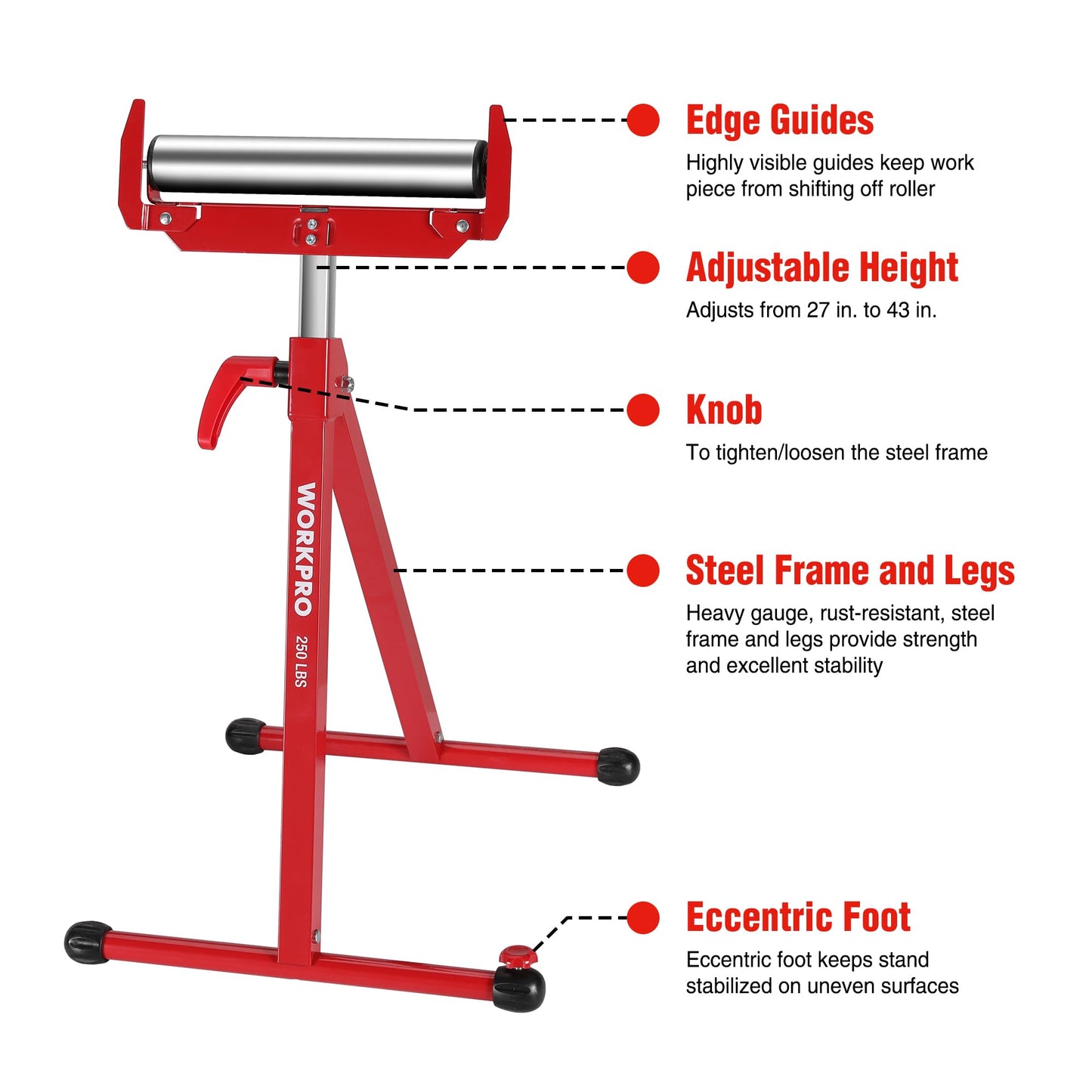 WORKPRO Folding Roller Stand Height Adjustable, Heavy Duty 250 LB Load Capacity, Outfeed Woodworking (Upgraded head)