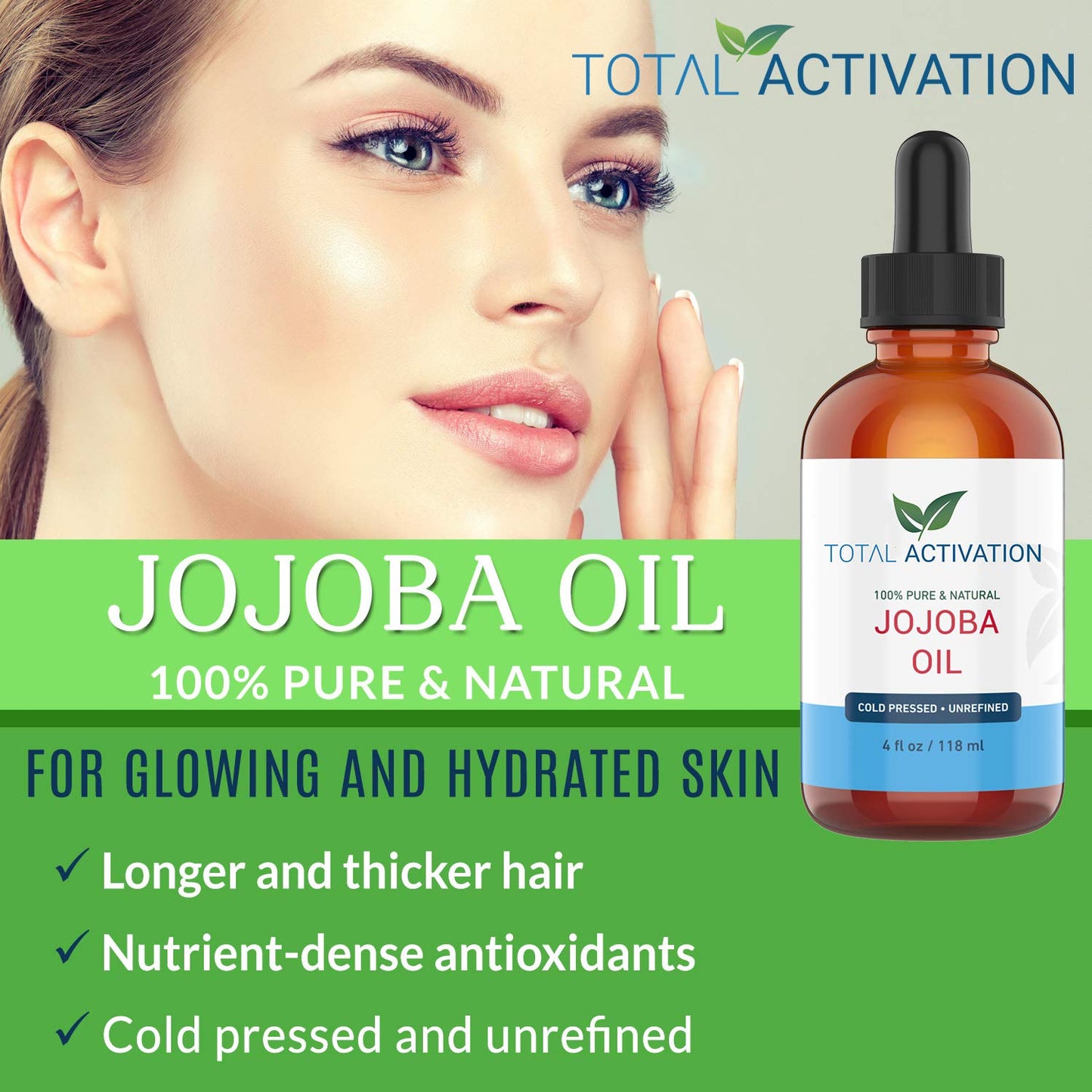 Total Activation Organic Jojoba Oil for Skin, Hair & Nails, 100% Pure Natural Unrefined Cold Pressed, Natural Face Moisturizer,
