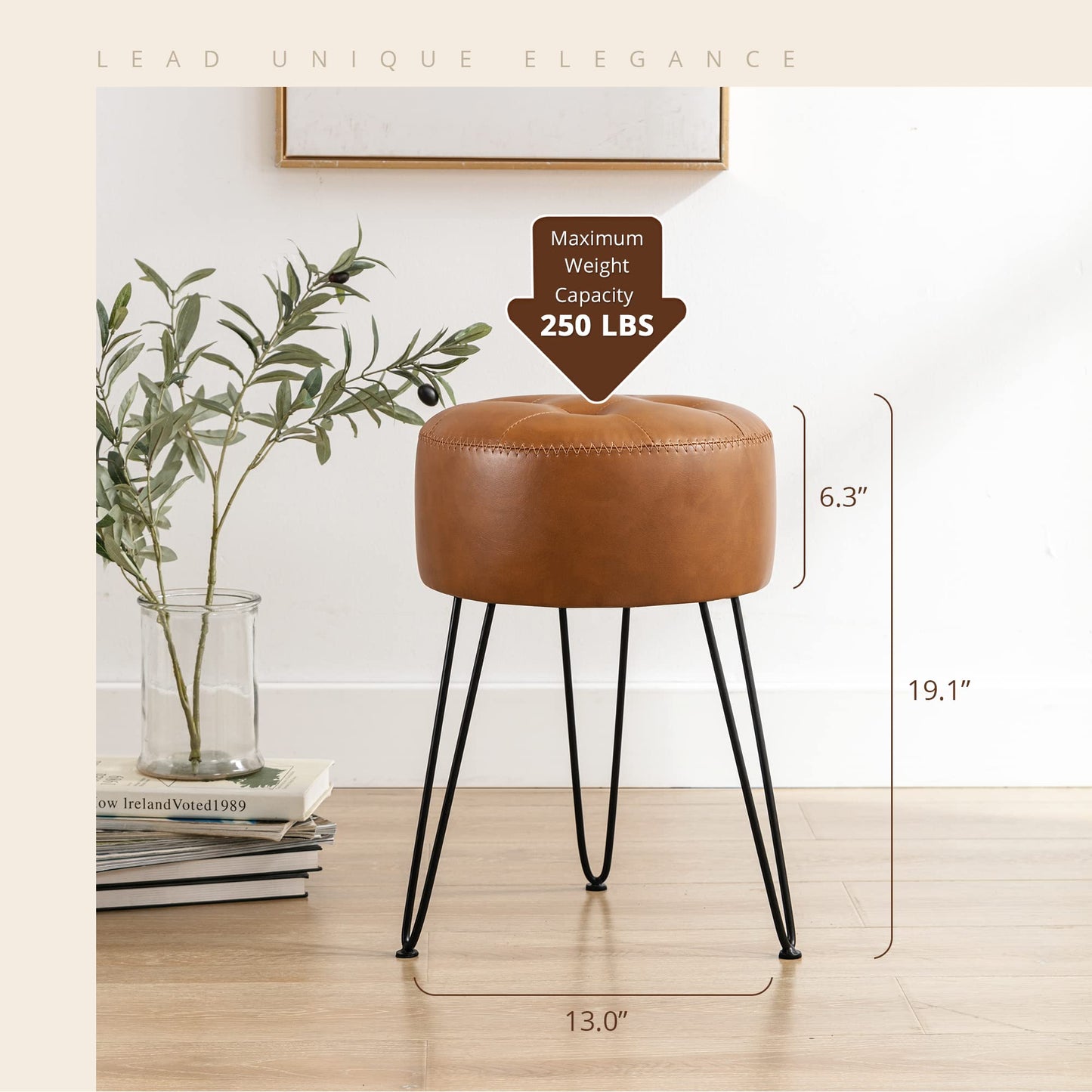LUE BONA Faux Leather Vanity Stool Chair for Makeup Room,Brown Stool for Vanity,19” Height, Tufted Small Vanity Chair with Metal Legs, Modern Foot Ottoman for Bedroom, Living Room