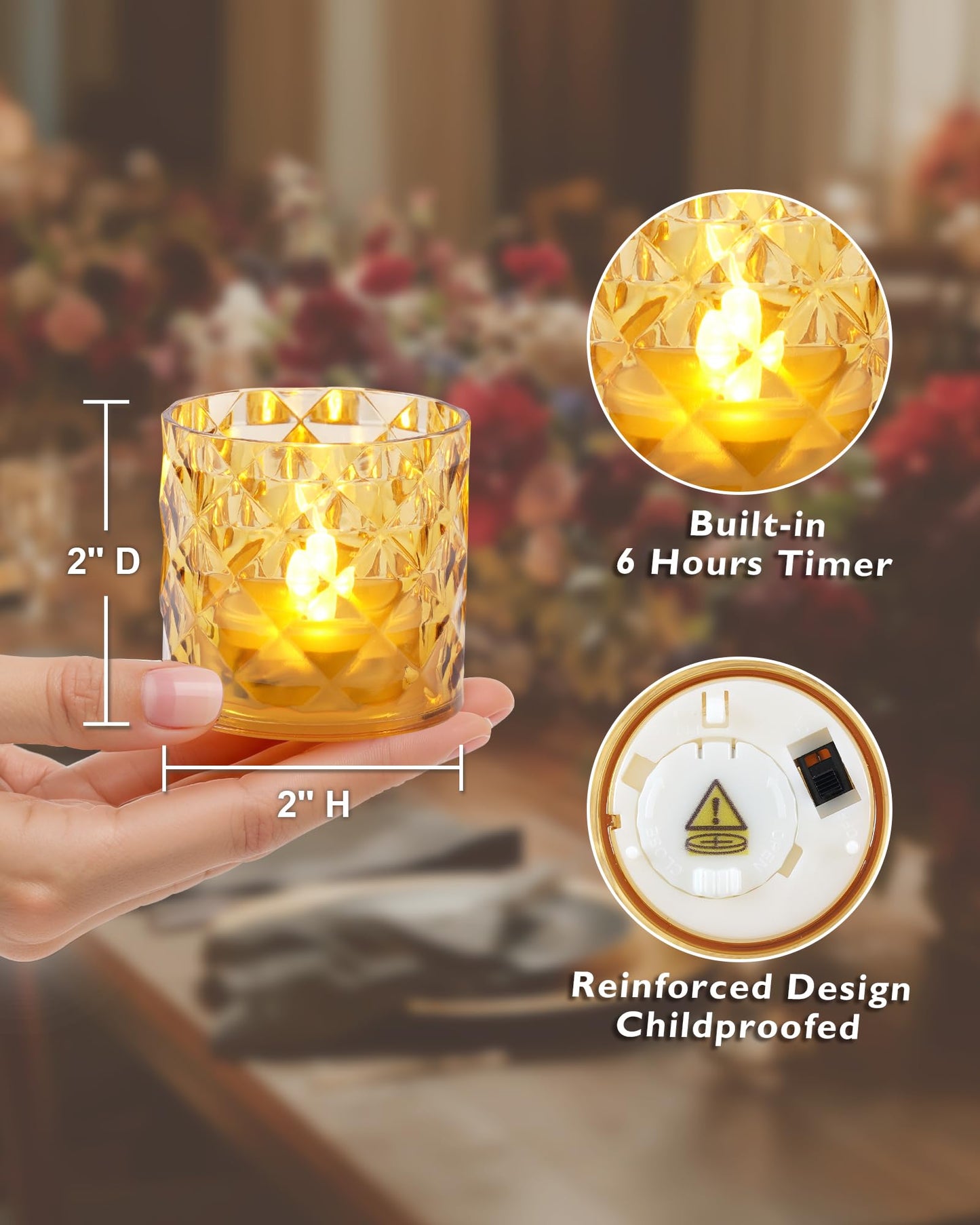 Homemory 2" x 2" Acrylic Votive Candle Holders with Auto Timer Flameless Led Tealight, Battery Powered Fake Electric Candles for Wedding Centerpiece, Table, Christmas Decor (12Pack, Gold Base)
