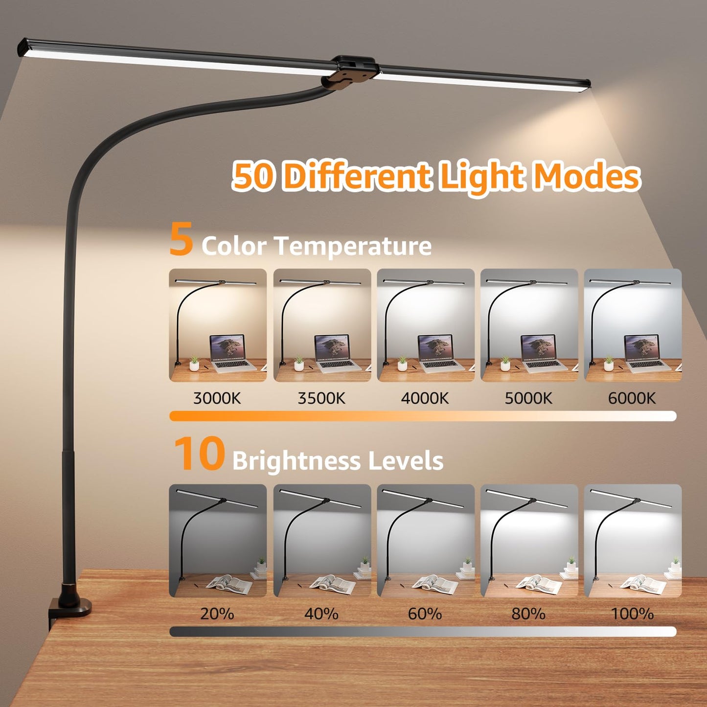ShineTech Led Desk Lamp for Office Home, Bright Double Head Desk Light with Clamp, Architect Task Lamp 50 Lighting Modes Adjustable Flexible Gooseneck Lamp