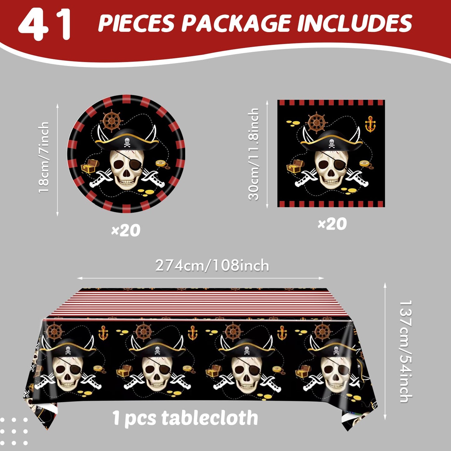 Ryzovo 41pcs Pirate Tableware Set Includes 20 Plates, 20 Npkins and 1 Tablecloth, Pirate Ship Theme Party Supplies Decorations Pirate Dinnerware for Adult Teens Kids Table Decor, 20 Guests