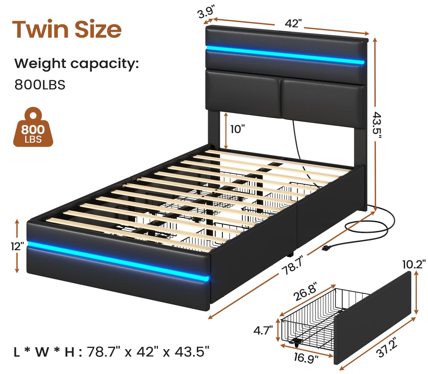 AOGLLATI Twin Bed Frames with 4 Storage Drawers & Headboard, Led Bed Frame Twin with Charging Station, Upholstered Twin Bed with Storage, No Box Spring Needed, Black