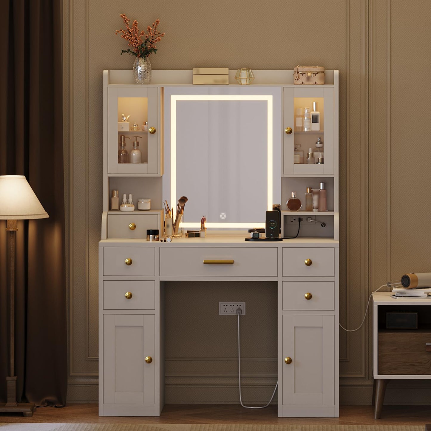 Garvee White Vanity Desk with Charging Station and LED Mirror, Large White and Gold Makeup Dressing Table, 3 Light Modes, 6 Drawers, Cabinet and Shelves
