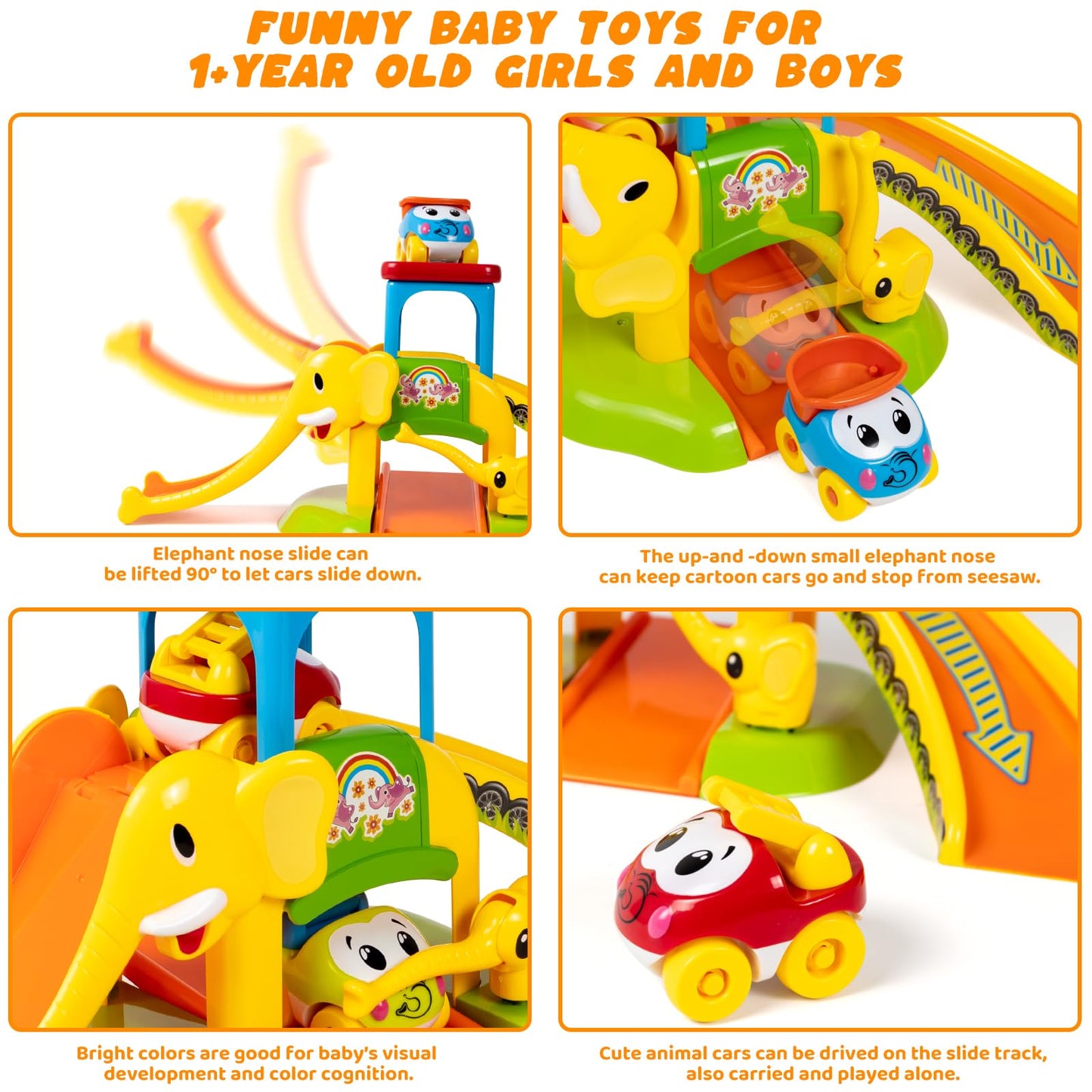 Marstone Toddler Toys for 1 2 Year Old Boys and Girls Gifts: Educational Elephant Slide with 4 Animal Cars Toys for Baby 12-18 Months, First Birthday Present Learning Push Truck Track Ages 1-2