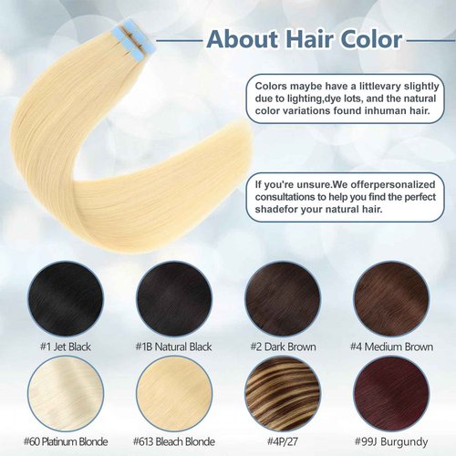 Tape in Hair Extensions Human Hair 100% Remy Hair 20pcs 50g/Pack Straight Seamless Invisible Skin Weft Extensions Easy to Apply and Style (#613 Bleach Blonde, 24 Inch)