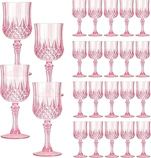 XKXKKE 24 Pcs Pink Plastic Wine Glasses, Plastic Water Goblets for Parties, Stemmed Drinking Glasses for Wedding Receptio...