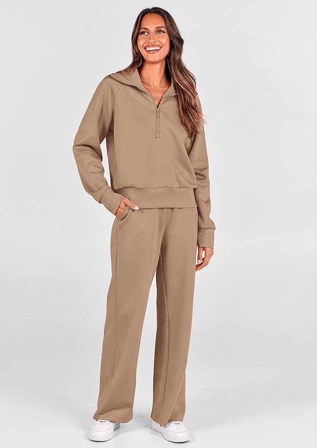 PRETTYGARDEN Women's 2 Piece Outfits Casual Lapel Half Zip Sweatshirts and Wide Leg Pants Tracksuit Sets