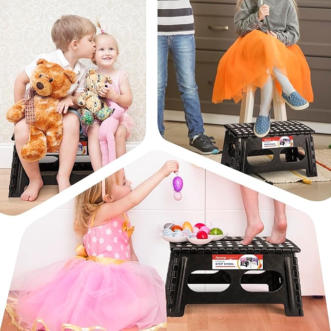 ACSTEP Foldable Step Stool for Kids and Adults,15-Inch Extra Wide 9-Inch Height (2 Pack) More Safe and Comfortable Holds Up to 300 lbs Folding Step Stool for Bathroom, Garden, Kitchen(Black)