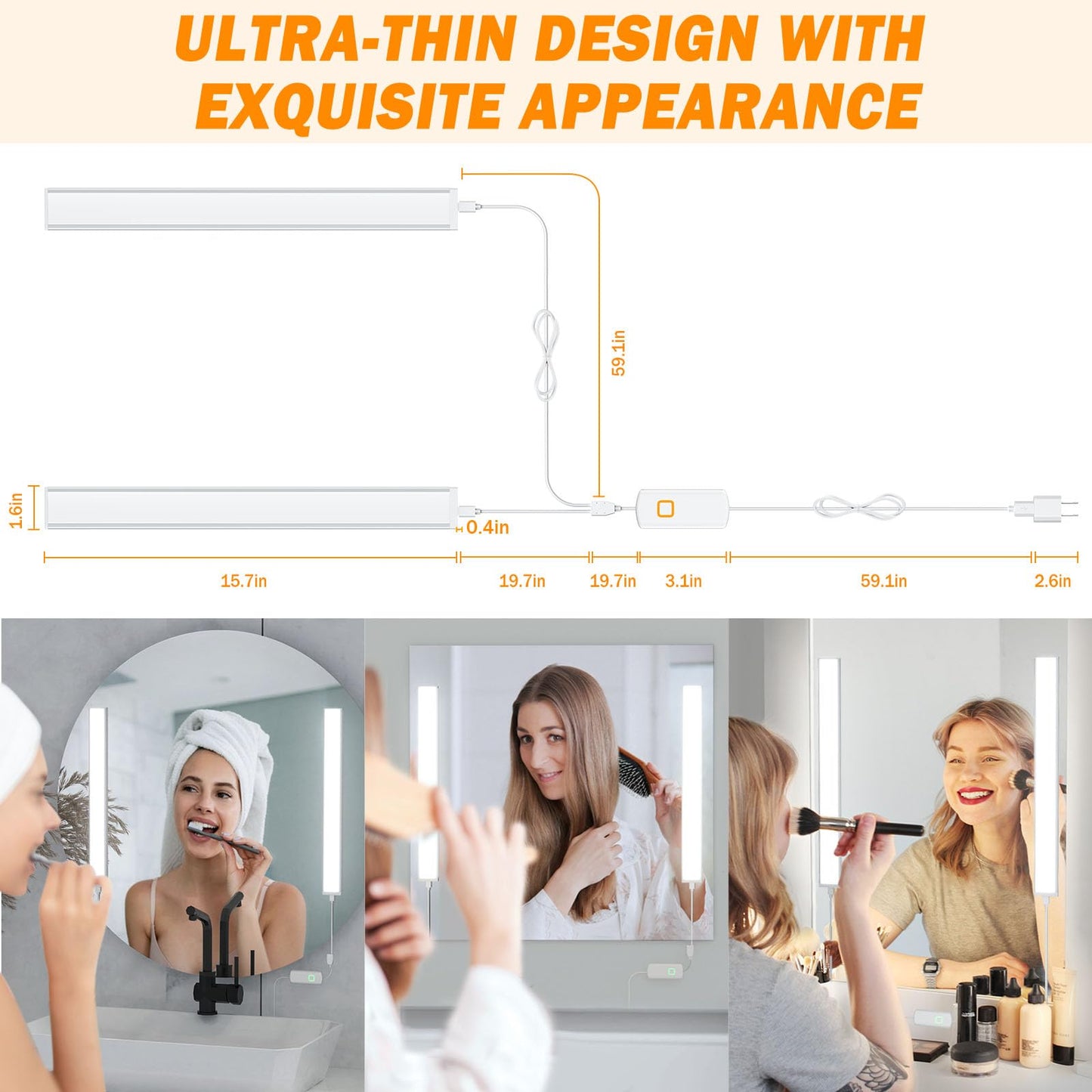 MY BEAUTY LIGHT LED Vanity Lights for Mirror, Bright Dimmable and Color Temperature Changeable LED Makeup Light, Durable Stick-on 5V USB Powered Mirror Lights