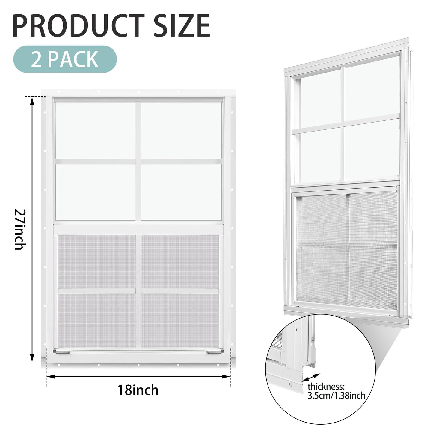 Tandefio 2 Pcs 18''x 27'' White Flush Mount Shed Window with Tempered Glass and Screen Household Windows Sliding Windows with Vertical Slider and Screws for Chicken Coop Loft Sheds Barns