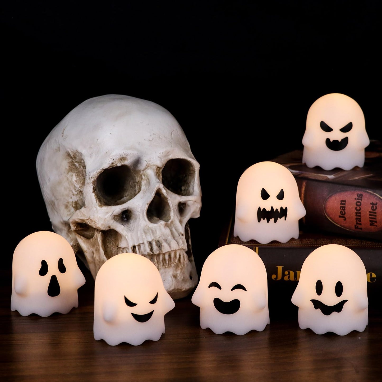 DRomance Ghost Flickering Flameless Candles Battery Operated with Remote and Timer 6 Pack Spooky White LED Tea Lights Candles Dimmable Light Halloween Indoor Decoration Gifts(2 x 2.4 Inches)