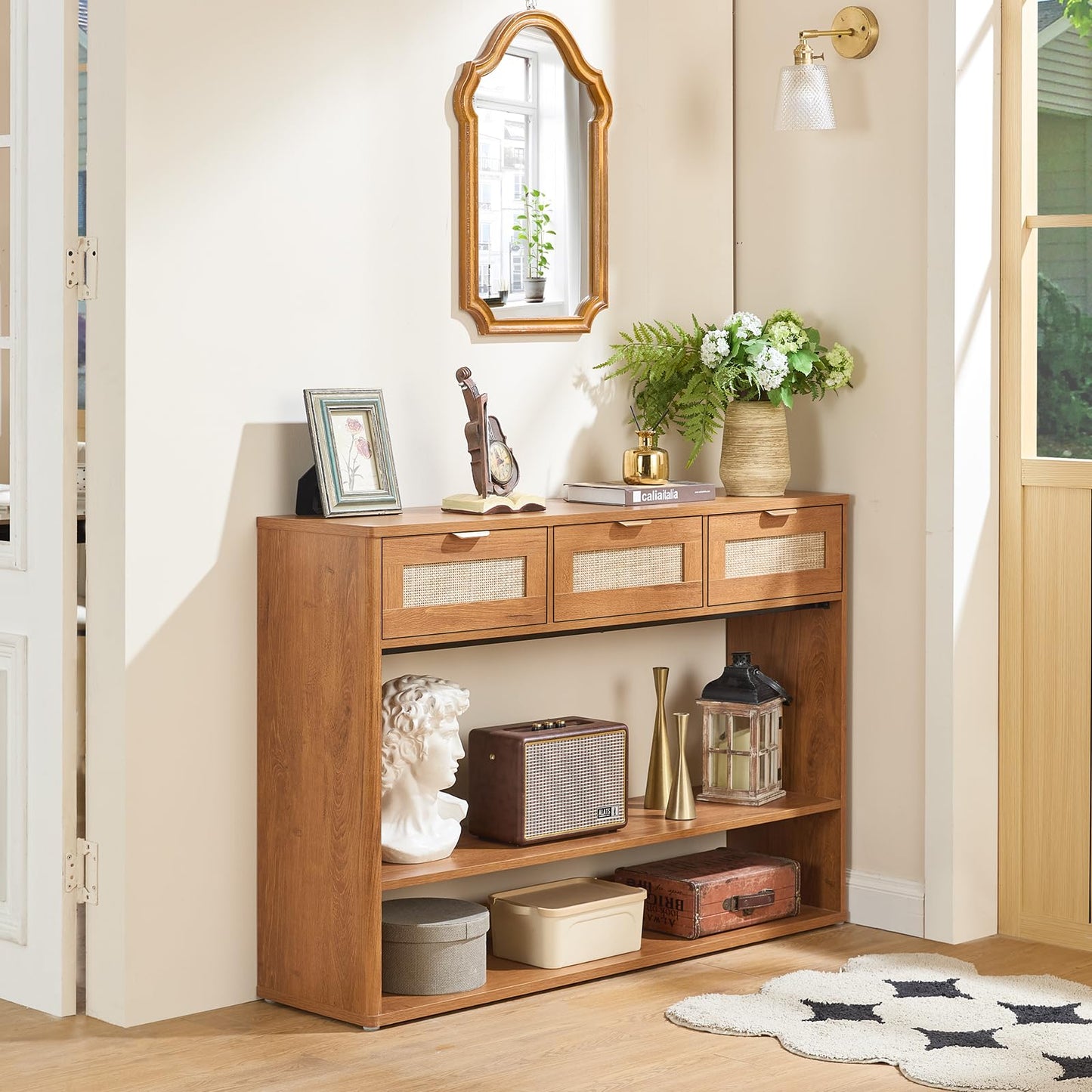 LEYAOYAO 48" Boho Rattan Console Table with 3 Drawers, 3 Tier Wooden Entryway Table with Open Storage Shelf, Narrow Long Behind Couch Sofa Tables for Living Room, Hallway, Entrance, Brown
