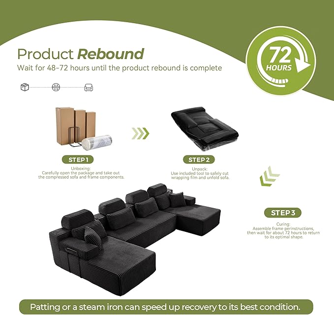 141" U-Shaped Cloud Modular Sectional Sofa with Chaise & Headrest, Boneless Deep Seat Plush Corduroy Couches for Large Living Room, No Assembly Required (Black, 141" U-shapred Chaise)