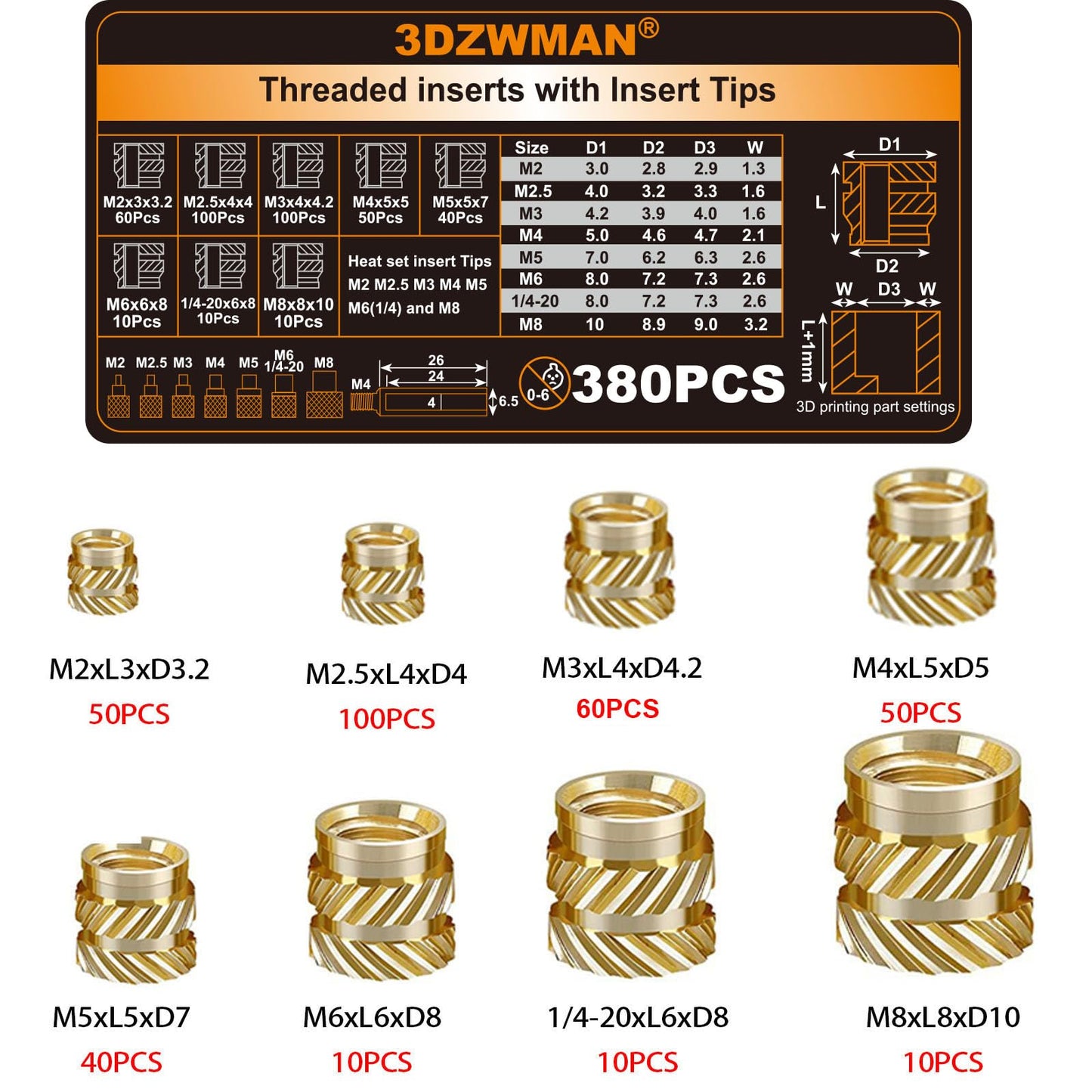 Vertical Heat Press Machine-Heat Set Insert Tool (Insertion Height 210mm) with 380PCS Threaded Inserts and Heat Set Tips M2-M8 add Brass Metric Knurled Nuts for Plastic and 3D Printing Components