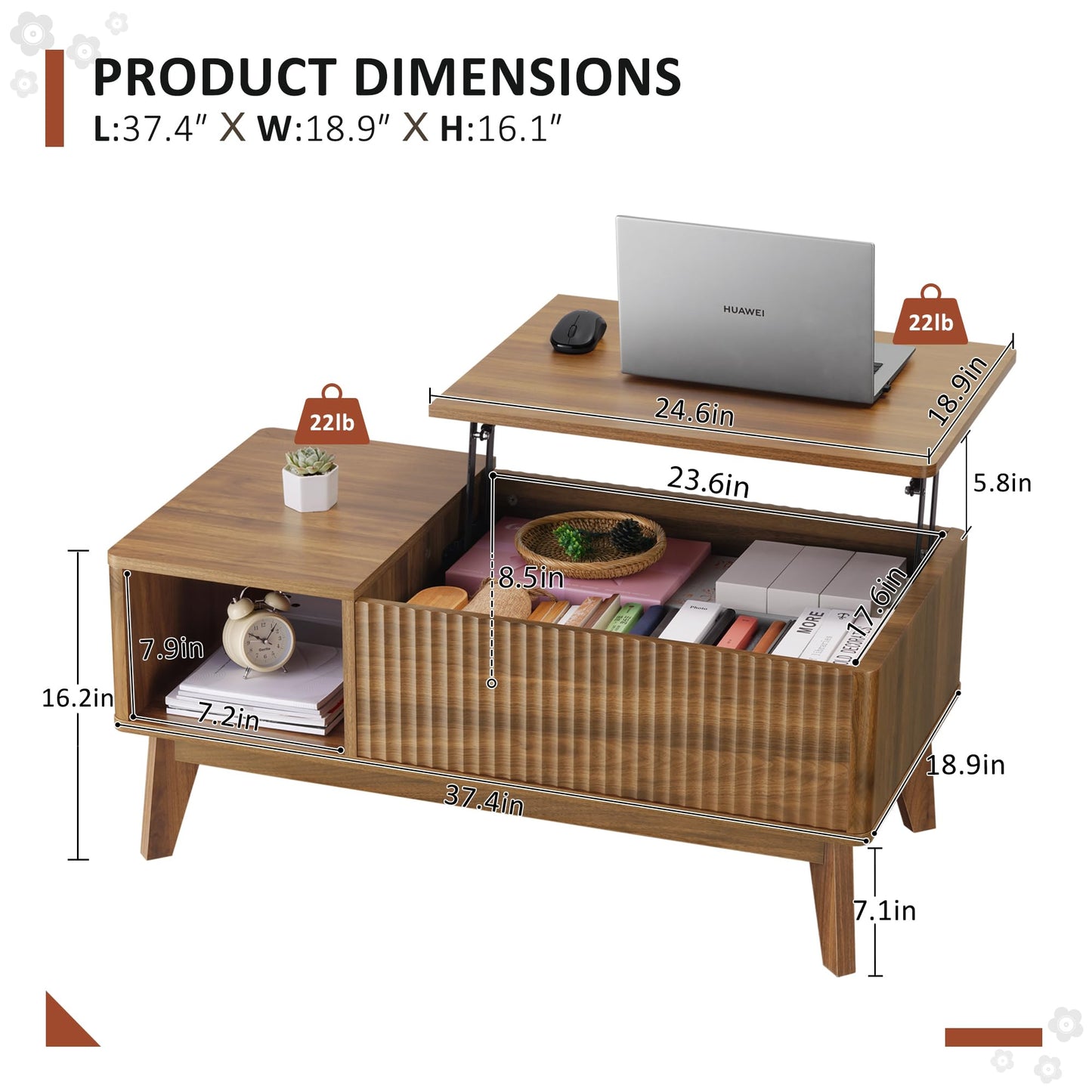 LYNCOHOME Fluted Coffee Table with Hidden Compartment, Wood Lift Top Coffee Tables, Modern Center Table for Living Room, Home Office(Walnut)
