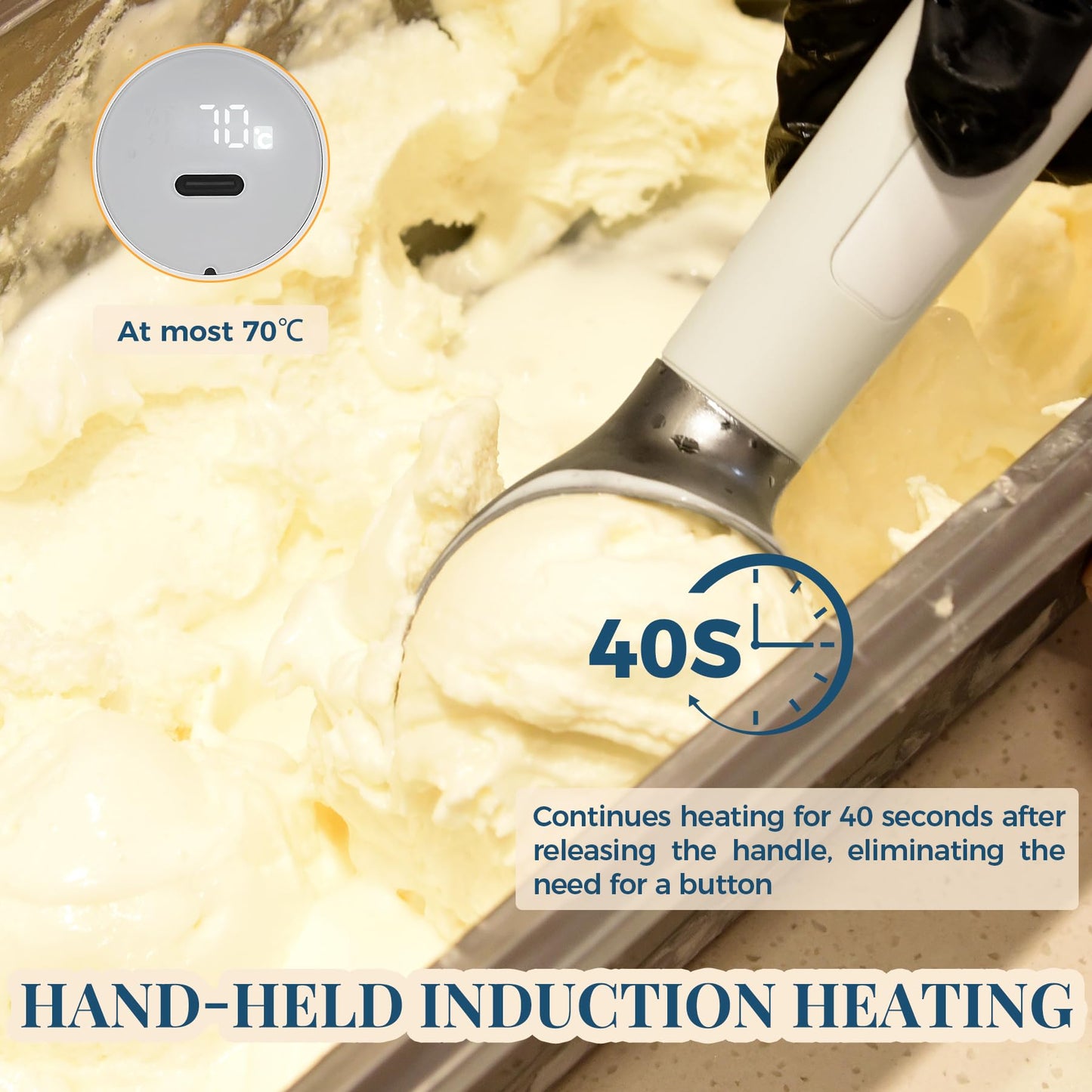 Heated Ice Cream Scoop Rechargeable, Electric Warming Ice Cream Scooper with LED Display, Heats to 158°F for Hard Ice Cream, Easy for Seniors & Kids, IP67 Waterproof (White, 2 oz)