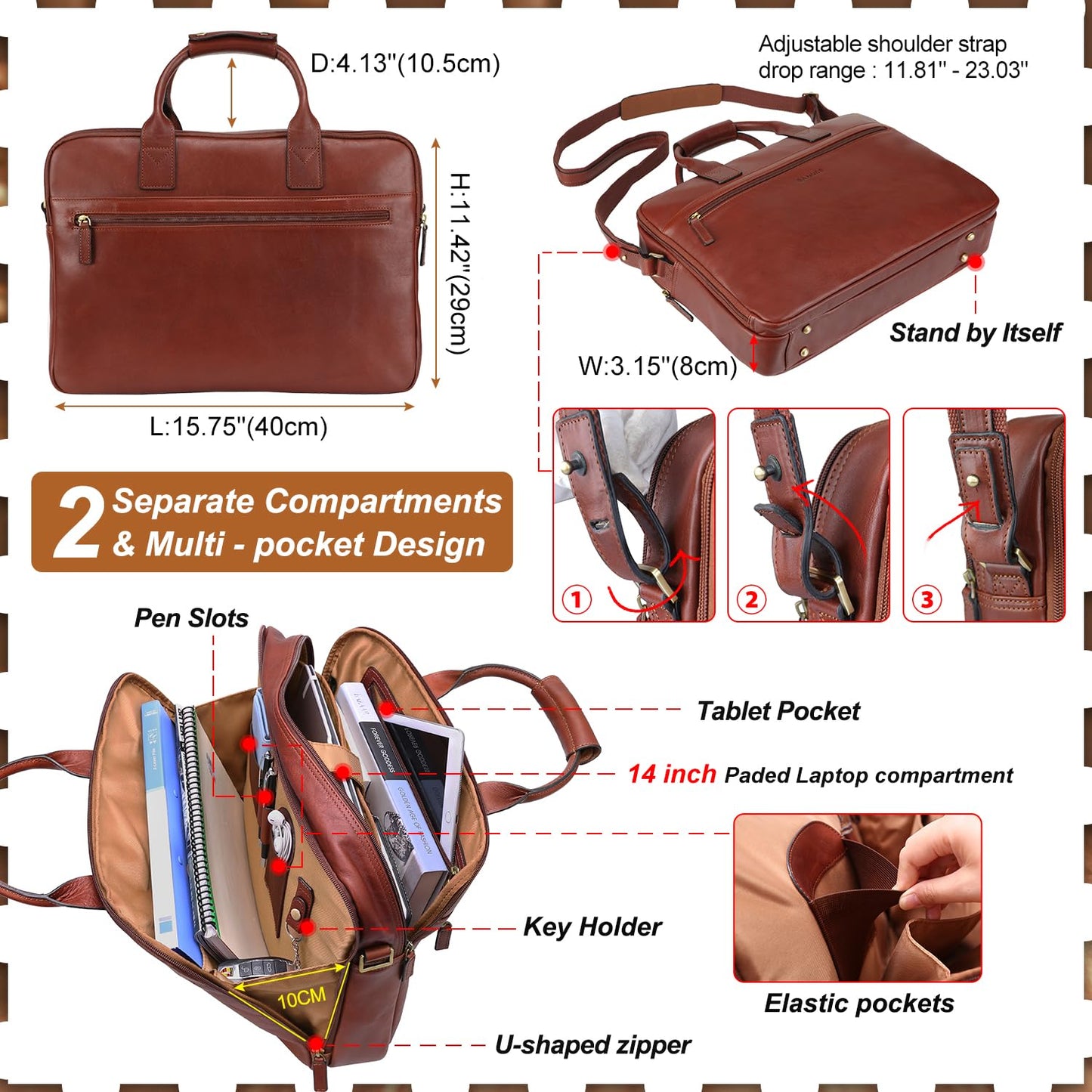 Banuce Premium Italian Full Grain Leather Briefcase for Men 14 Inch Laptop Bag for Business Travel Office Work with Luggage Strap and Shoulder Strap Brown