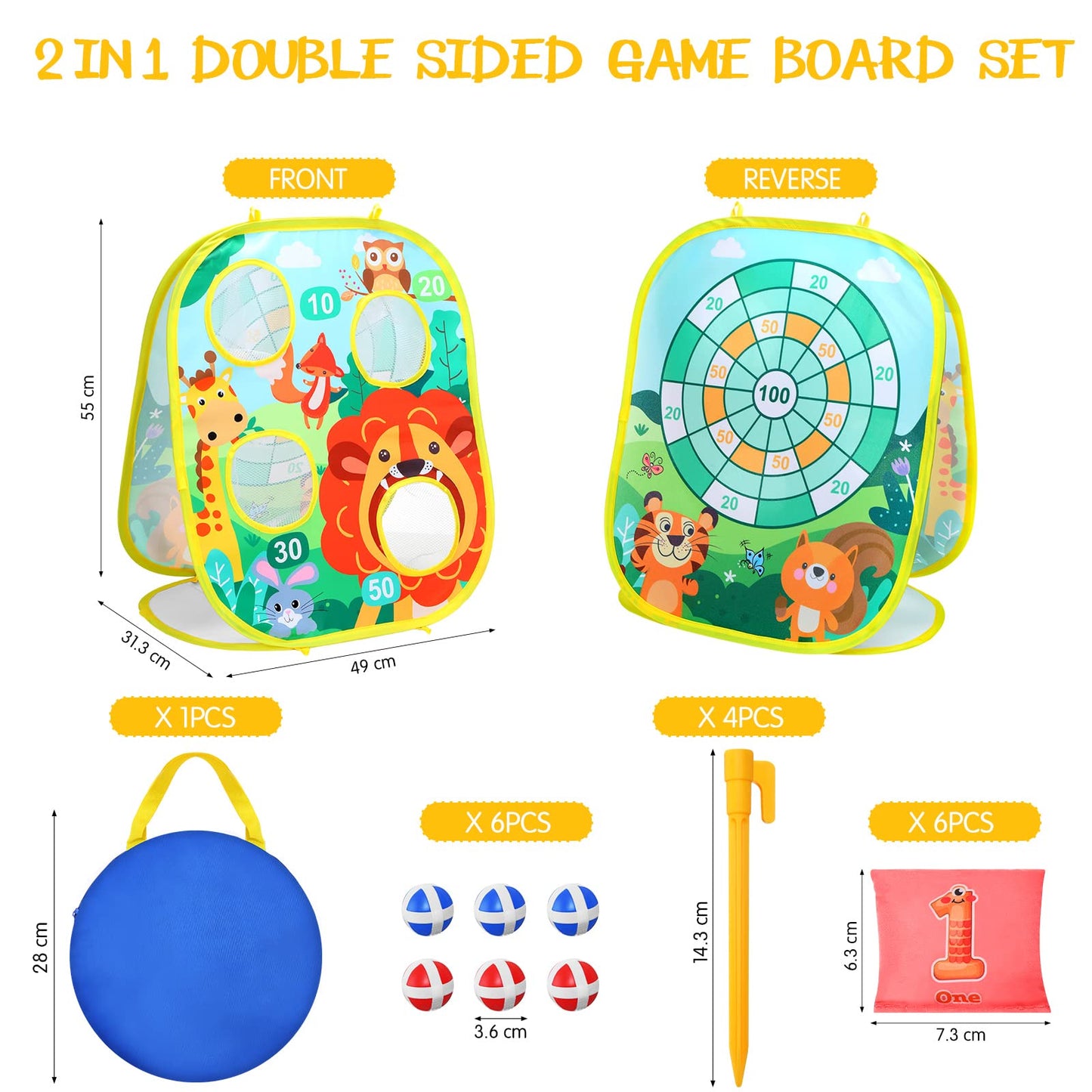 Yunsailing 63 Pcs Carnival Outdoor Games Set for Kids Include Animal Bean Bag Toss Plastic Cones Bean Bags Ring Toss Egg and Spoon Race, Field Yard Lawn Outdoor Game, Gift for Birthday Party