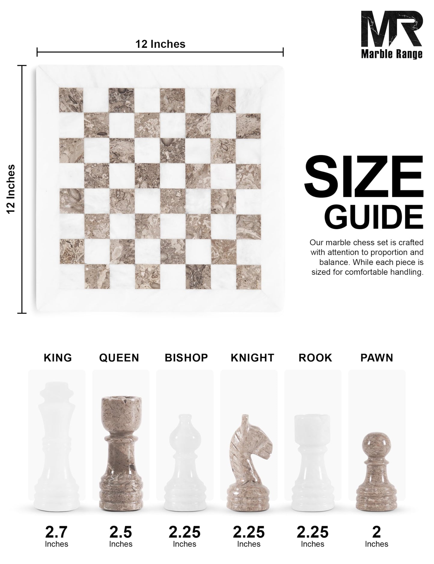 Marble Chess Set for Adults 12" Handmade White & Oceanic Board Game with 32 Chess Pieces, 2 Extra Queens & Storage Box, Luxury Travel Game, Elegant for Home Decor