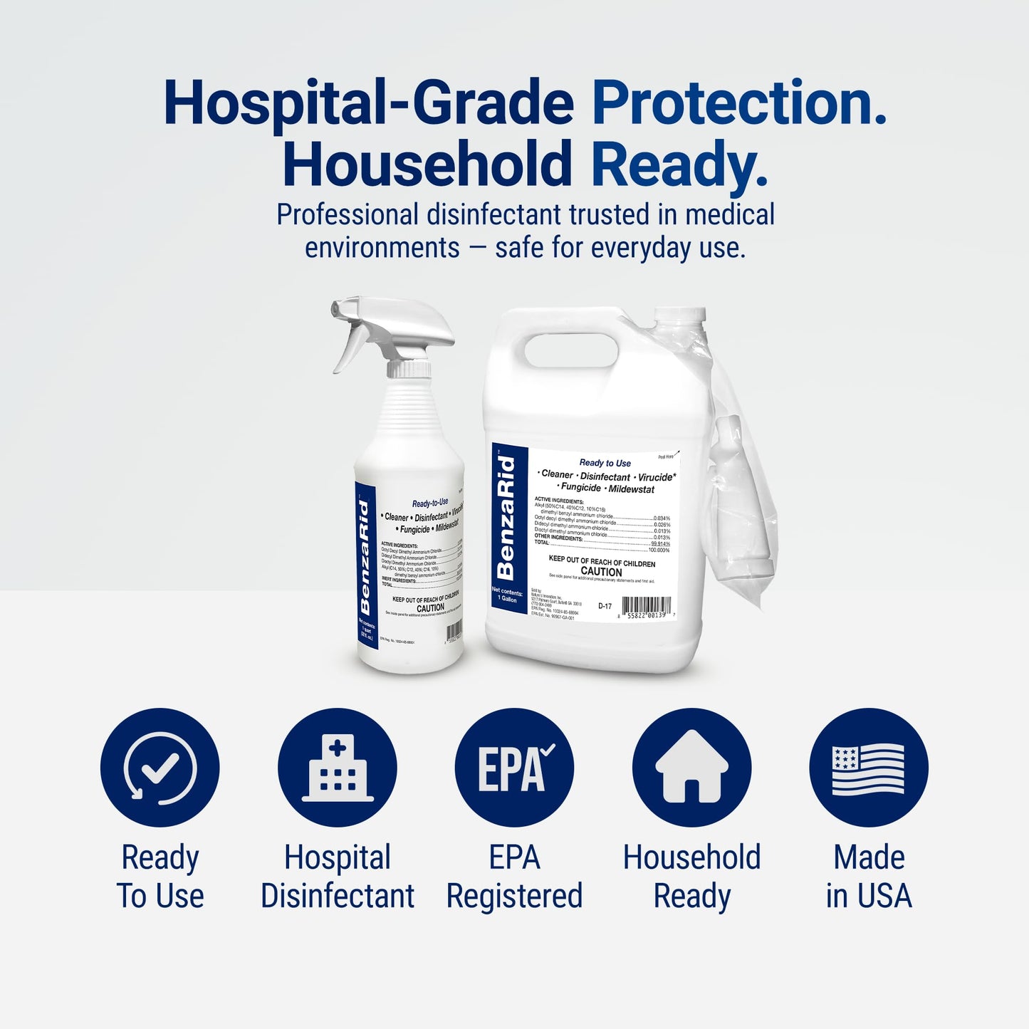 BenzaRid Hospital Disinfectant Virucide Spray Kills 99.99% of MRSA, COVID-19, H5N1, Staph, Avian Flu, Bacteria & Mold | EPA Reg. for Medical, Dental, Veterinary, Farm & Home Use 32 oz