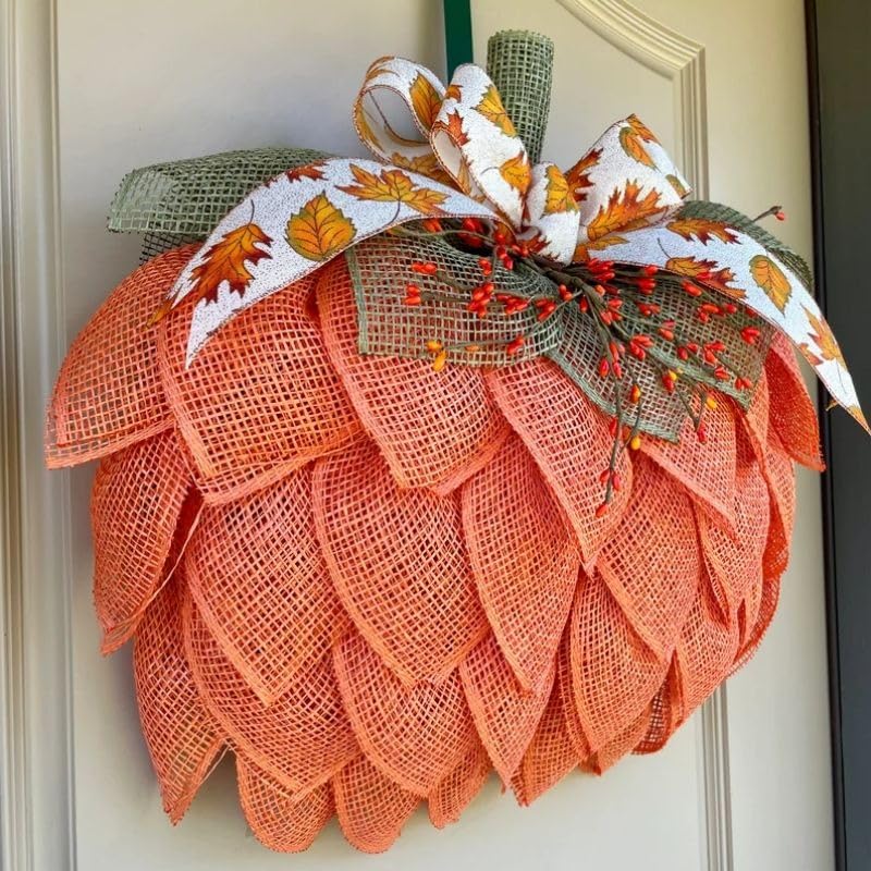 Farmhouse Pumpkin Wreath for Front Door, Autumn Wreath with Bows and Berries, Burlap Pumpkin Garland for Autumn Fall Halloween Thanksgiving Wall Decor