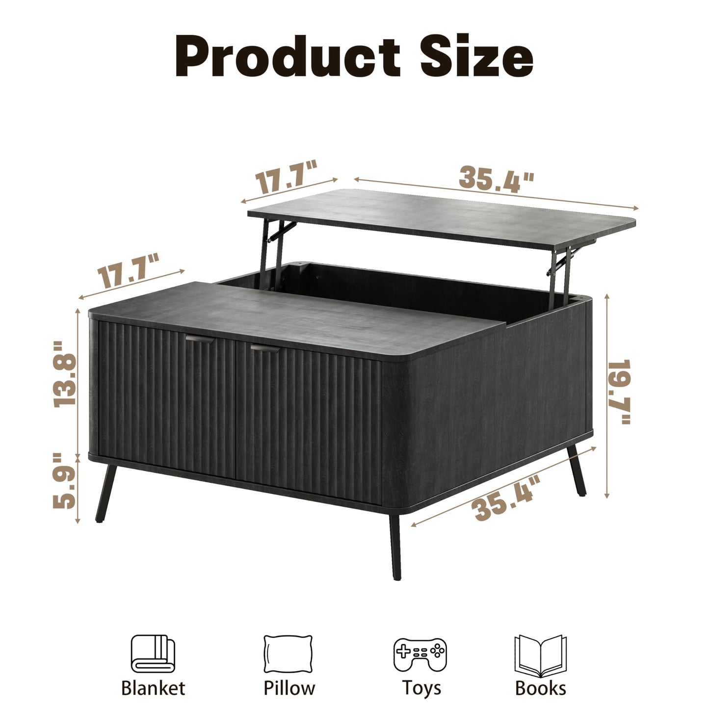 Fatmok Lift Top Coffee Table for Living Room, 35.4" Square Black Coffee Table with Storage Large, Mid Century Modern Rustic Wood Fluted Center Table with Large Hidden Storage Compartment