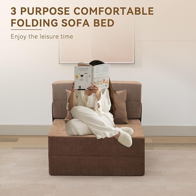 WUTUTUEE Folding Sofa Bed Convertible Floor Couch Foldable Chair Bed with Pillow,Linen Sleeper Chair Futon,Foldable Memory Foam Mattress for Bedroom/Living Room/Dorm/Office (Brown, Single)