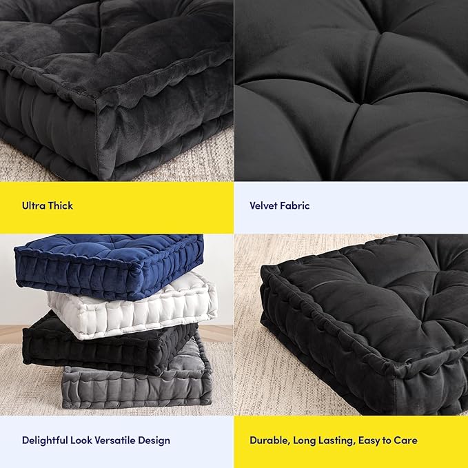 Sweet Home Collection Floor Pillow Large Square Tufted Decorative Cushion. Faux Velvet Fabric Ultra Thick Fill for Kids and Adults(Pack of 1, 2 Count Total)
