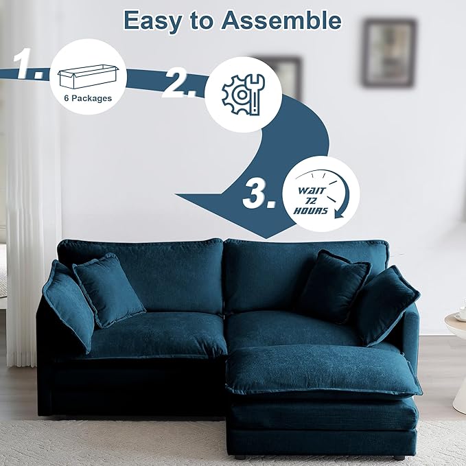 KIVENJAJA Chenille L-Shaped Modular Sectional Sofa, Modern Loveseat Comfy Deep Seat Cloud Couch with Ottoman/Chaise & 4 Pillows for Living Room Office Apartment, 76.7" W, Blue