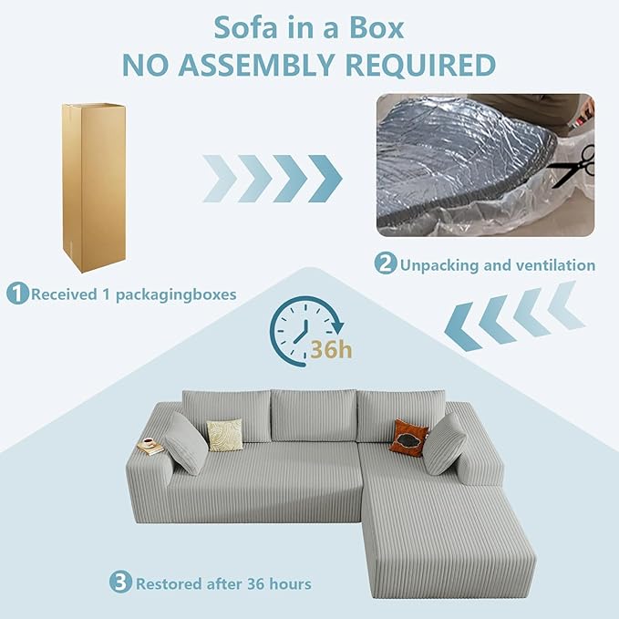 96" Cloud Sectional Couch with L-Shape Chaise, Modern Corduroy Boneless Couch for Living Room,Memory Foam Sofa with Deep Seat,No Assembly Required (Grey,Right-Facing Chaise)