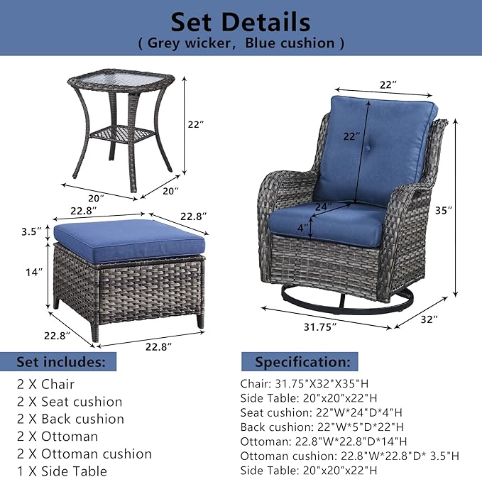 Belord 5 Pieces Patio Furniture Sets Wicker Outdoor Furniture, Rattan Patio Swivel Glider Chairs with 2 Ottoman and Glass Side Table
