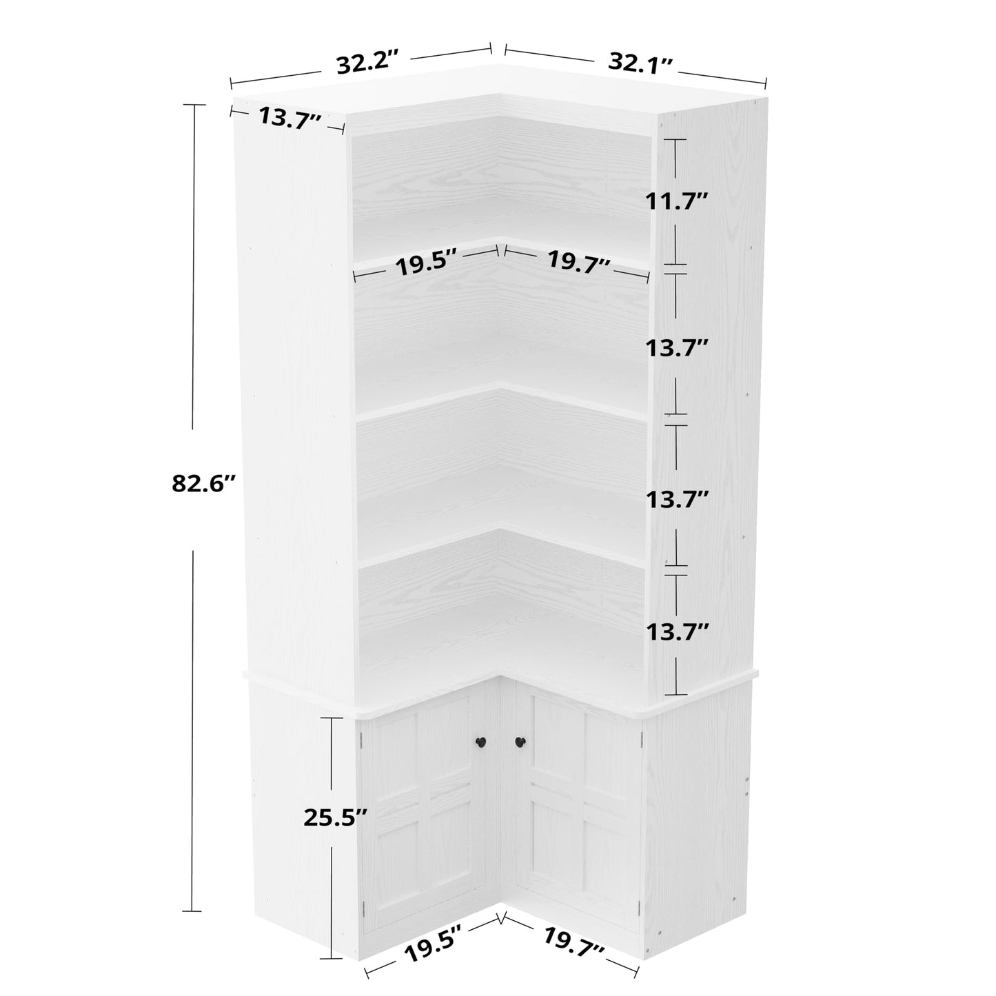 IRONCK Corner Bookshelf with Doors, 6 Tier Bookcase with Storage, Corner Shelf with Cabinet, Large Tall Bookshelf for Living Room, Home Office, Bedroom,White