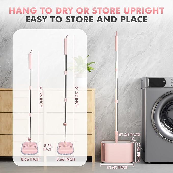 Upgraded Self-Standing Spin Mop and Bucket System, Detachable Inner Mop Bucket Separates Dirty Water & 90° Foldable Head, Triple-Scrub System, 0.9Gal Dual Drainage, for Hardwood Floors (Pink 6 Pads)