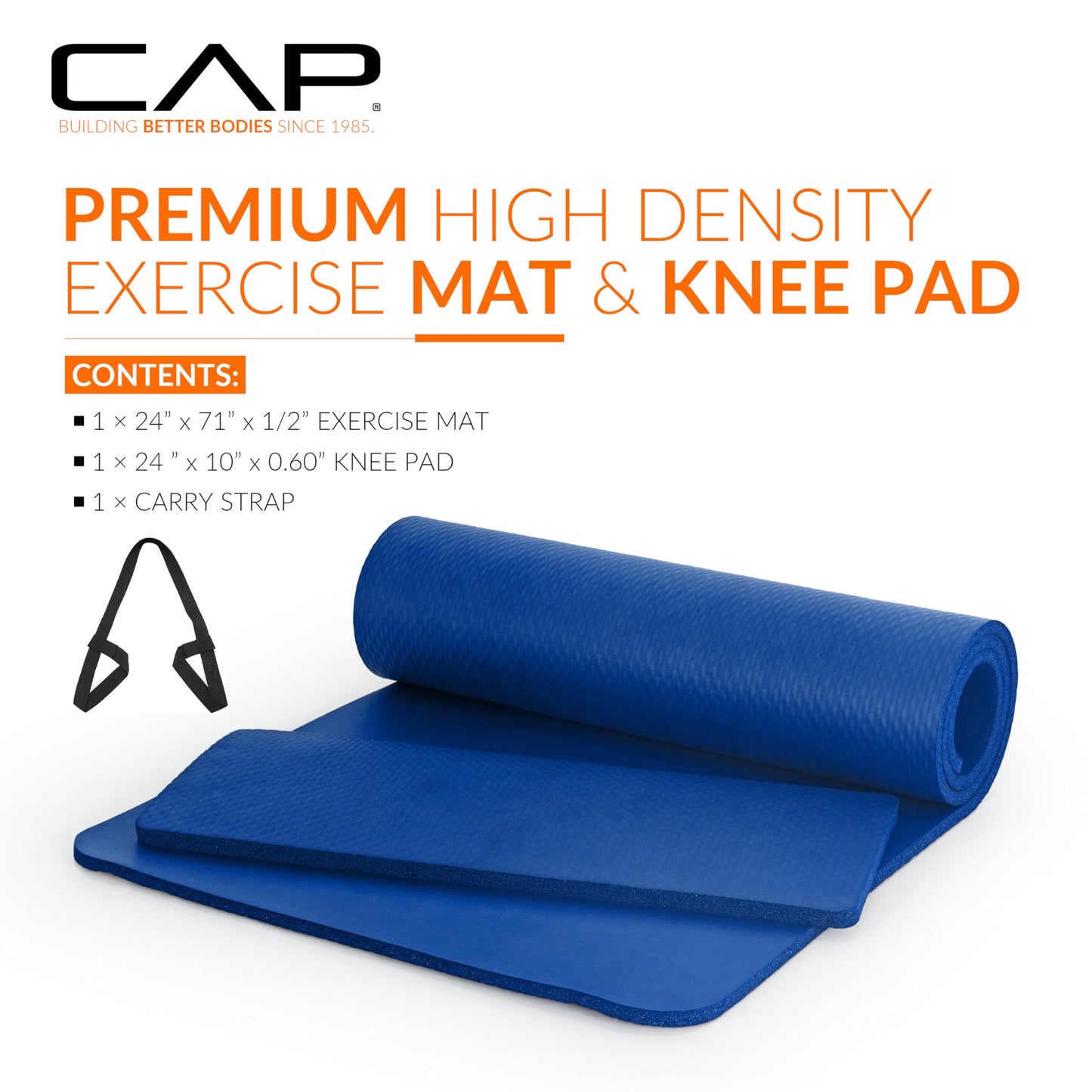 CAP Barbell Yoga Mat 1/2" Thick with Carrying Strap & Knee Pad - High Density Exercise Mat for Yoga, Pilates, Stretching, Floor & Fitness Workouts - 71''x24''x1/2" | Blue