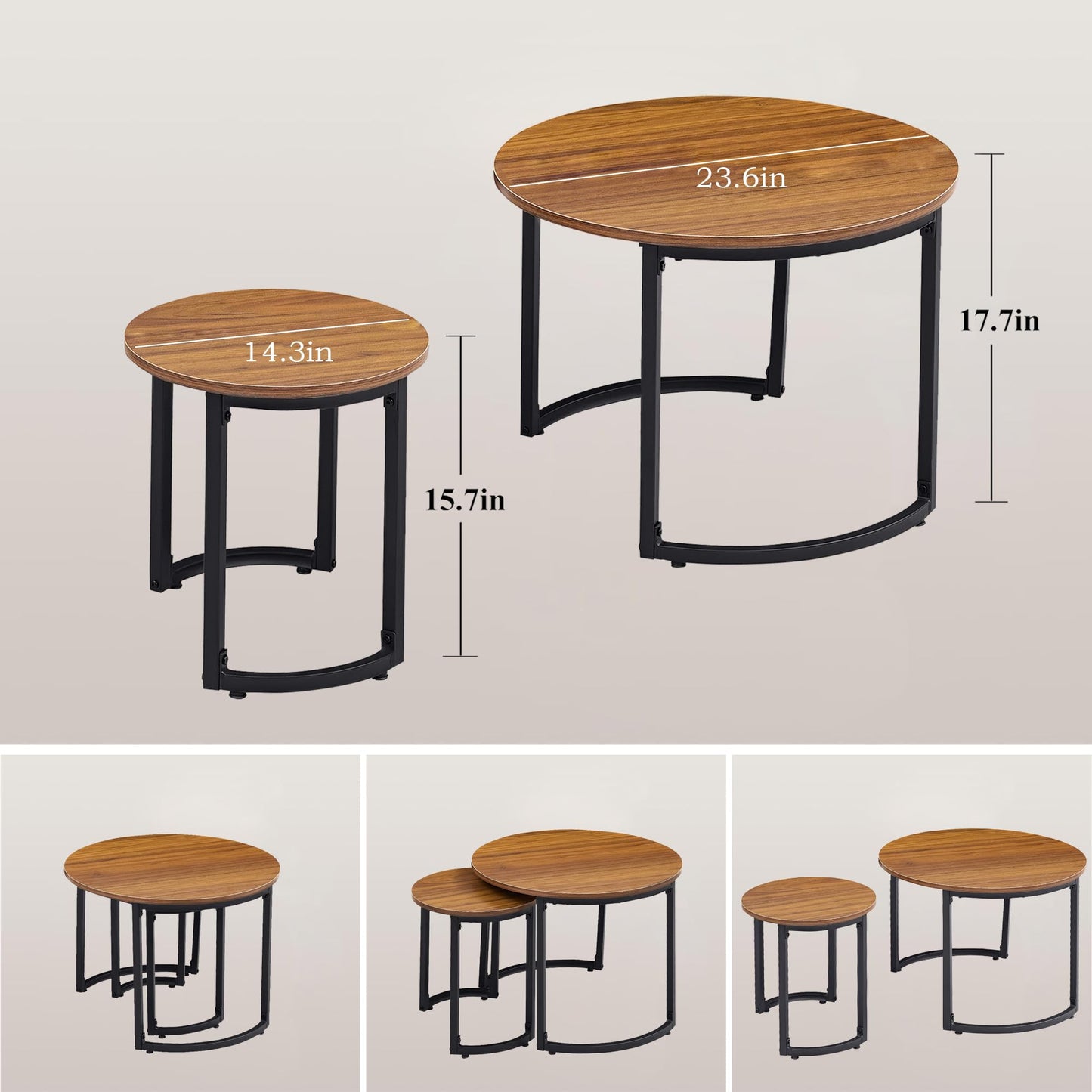 VECELO Nesting Coffee Table Set of 2, Wood Round Side Tables with Adjustable Non-Slip Feet, for Living Room, Brown