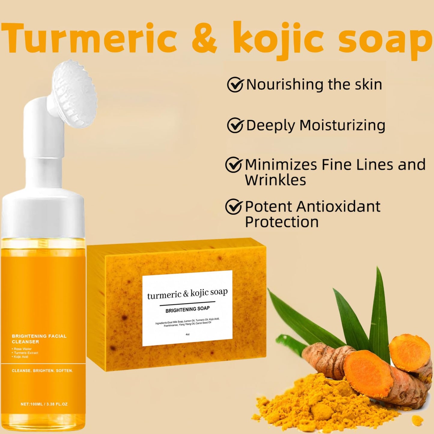EIVJEC Turmeric Wash and Care Two Piece Set, Facial Cleanser & Soap Bar,Face & Body Cleanser, Face Wash and Natural Handmade Soa