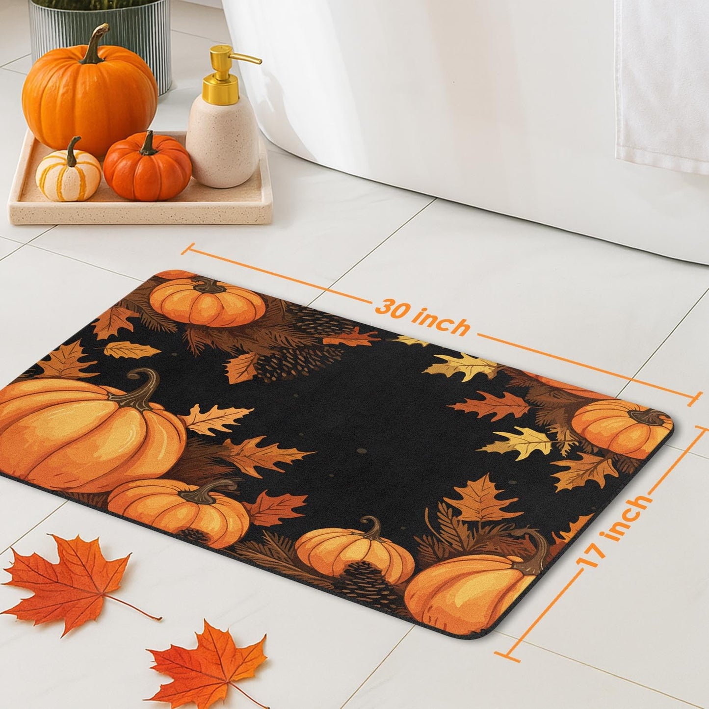 Nesphy Autumn Leaves Pumpkin Bath Mat for Bathroom, Fall Thanksgiving Quick Dry and Super Absorbent Bath Mat Rug, Non Slip Rubber Backing Floor Rug 17x30 Inches for Kitchen Bedroom Indoor