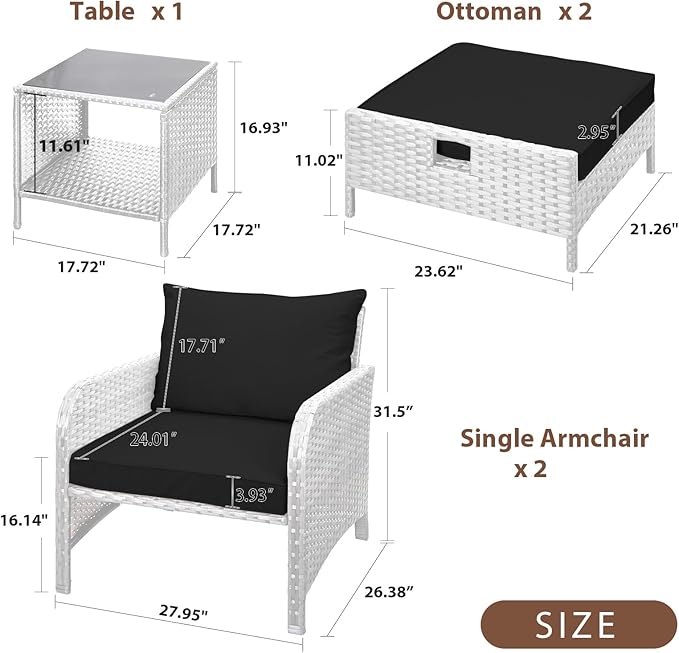 LEVELEVE Balcony Furniture 5 Piece Patio Conversation Set, PE Wicker Rattan Outdoor Lounge Chairs with Soft Cushions 2 Ottoman&Glass Table for Porch