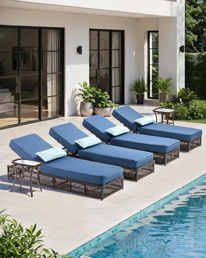 ACTREST Luxury Outdoor Chaise Lounges with 5 Inch Thickened Cushions - Set of 4 High Back Brown Wicker Patio Recliners Rattan Reclining Chairs Porch Poolside Pool Sunbathing Lounger - Navy Blue