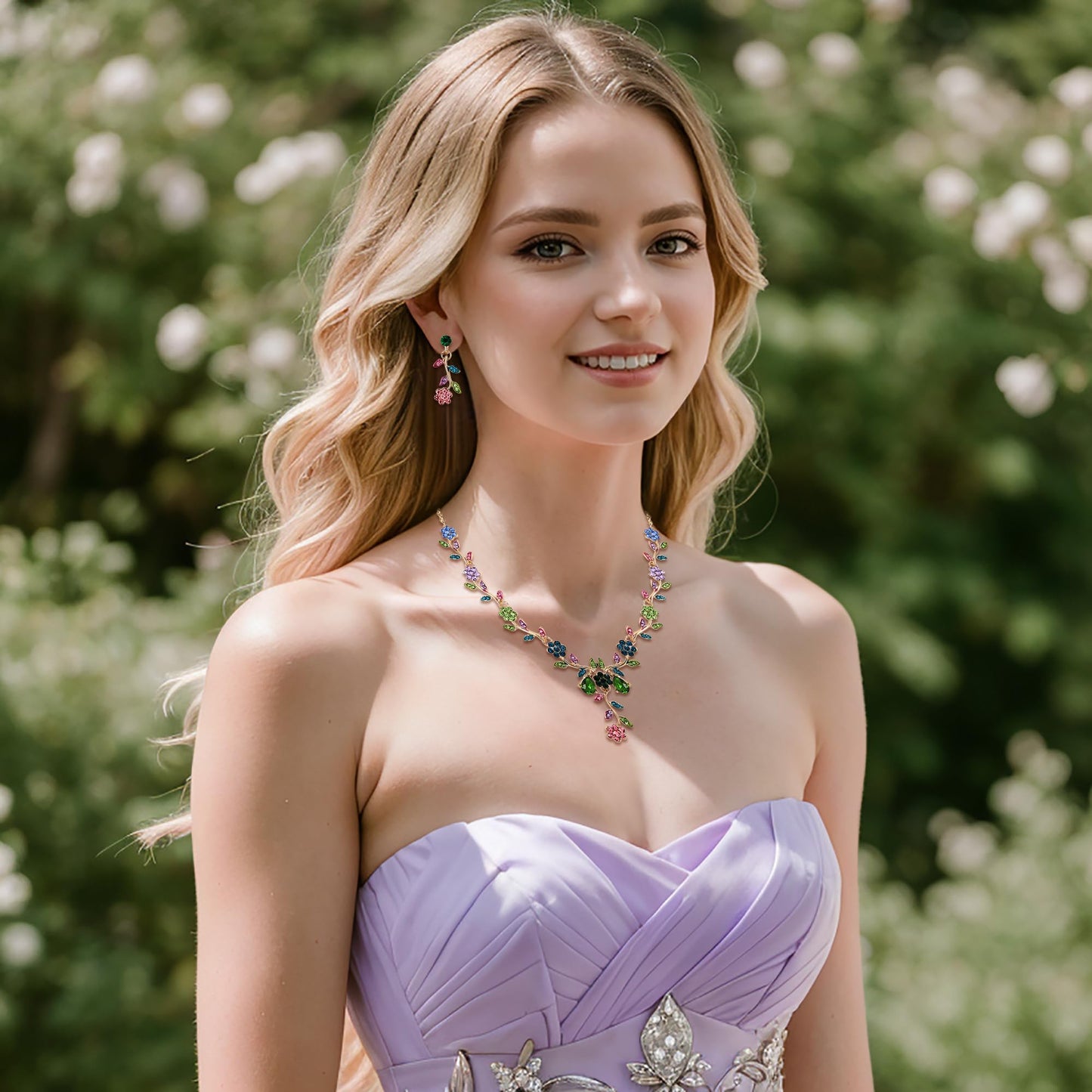 BriLove Women's Wedding Jewelry Leaf Cluster Flower Crystal Dangle Earrings Pendant Necklace Set for Bridal Multi Colour Gold-Tone