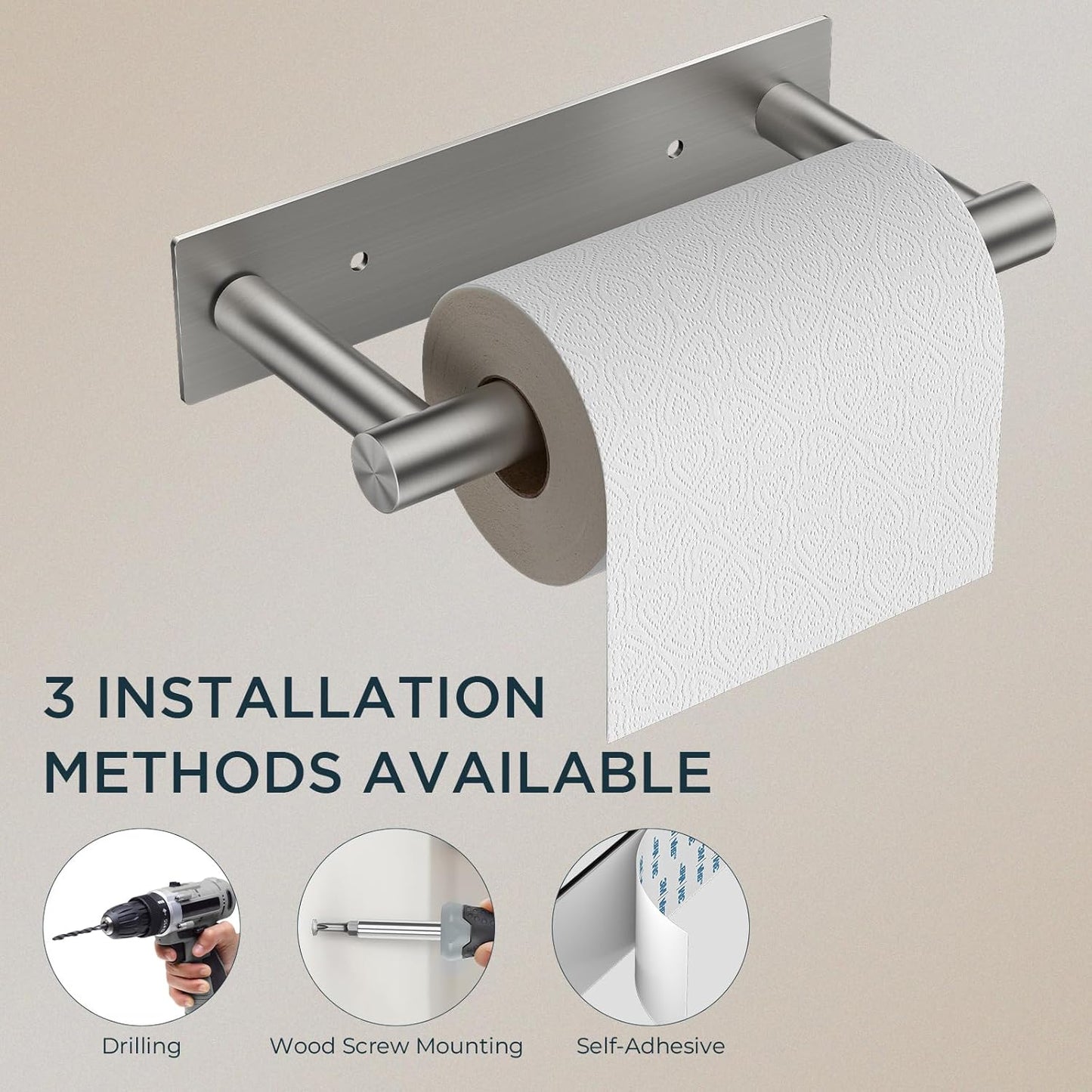 FORIOUS Adhesive Toilet Paper Holder Brushed Nickel, Self Adhesive or Wall Mounted Options, Stainless Steel Rustproof Stick on no Drilling Pivoting Toilet Tissue Roll Holder,2 Pack Stainless Steel