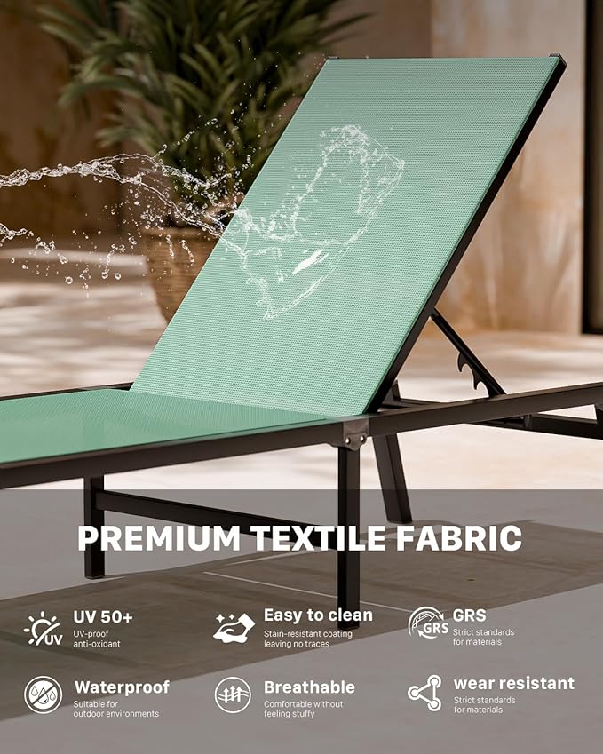 Aluminum Chaise Foldable Patio Lounge Chair Outdoor, Metal Deck Lounger Adjustable 5-Position Recliner Pool Chase Breathable Full Flat Outside Sun Tanning Chairs for Beach/Poolside/Lawn(Green, 1Pack)