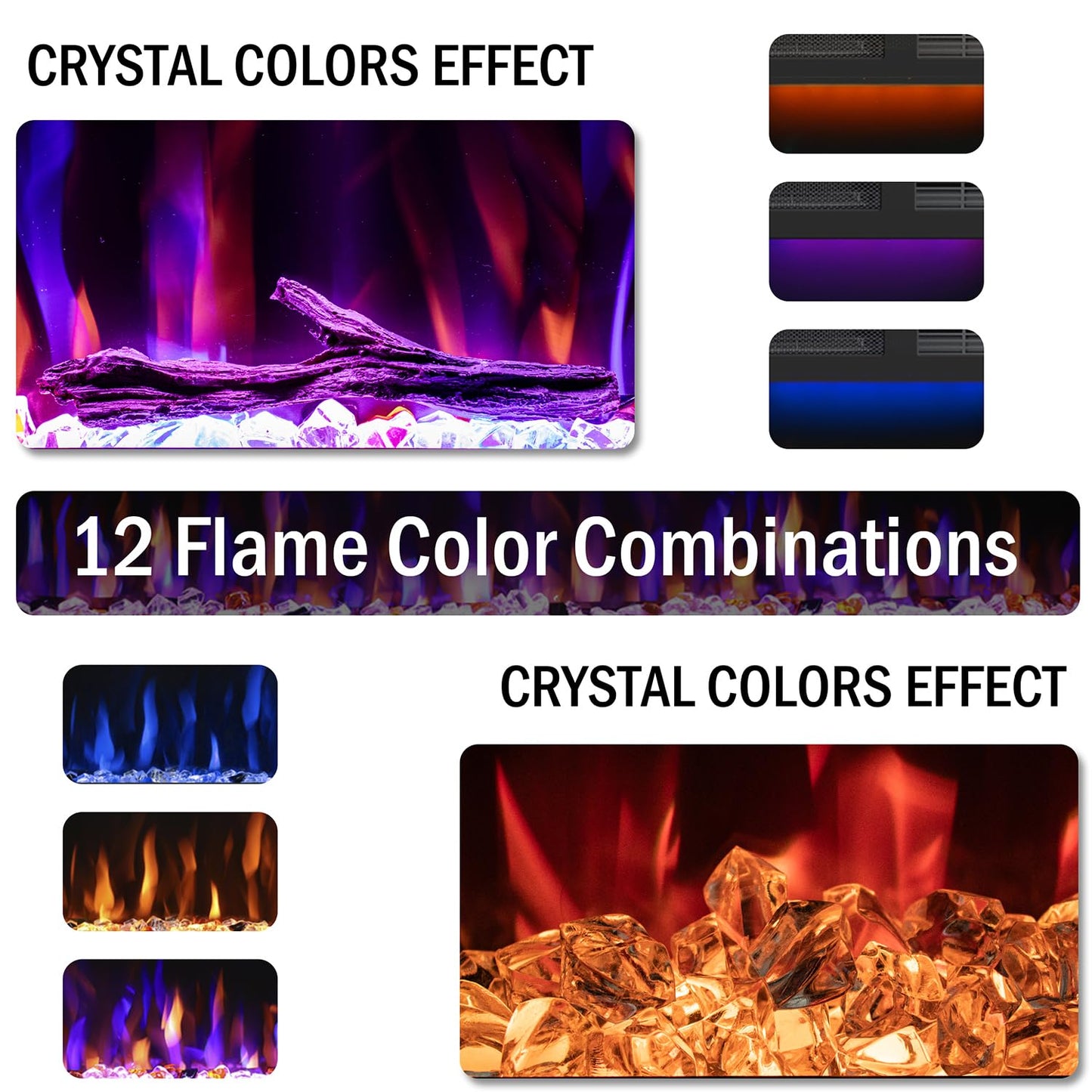 Mystflame Electric Fireplace Recessed 88 Inches, Insert And Wall Mounted Slim Fireplace With 750/1500 Watt Heater, Log & Crystal