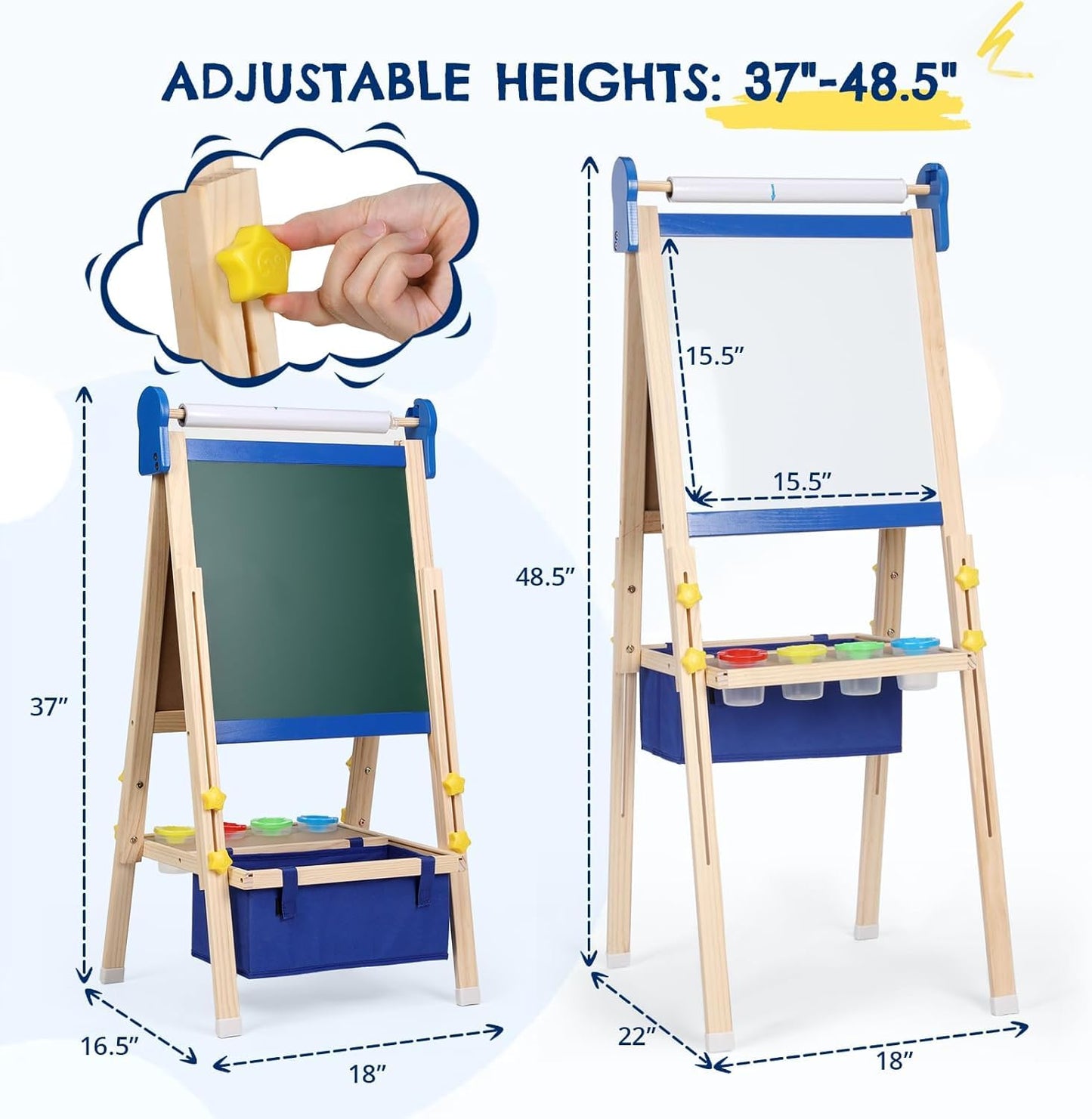Kids Easel 3-1,Magnetic Chalkboard & Whiteboard, Paper Painting, Big Storage with Canvas Bag, Painting Sets with Finger Paints,Chalks,Brushes,Number Letters Magnets, Apron, Gift for Kids, Blue