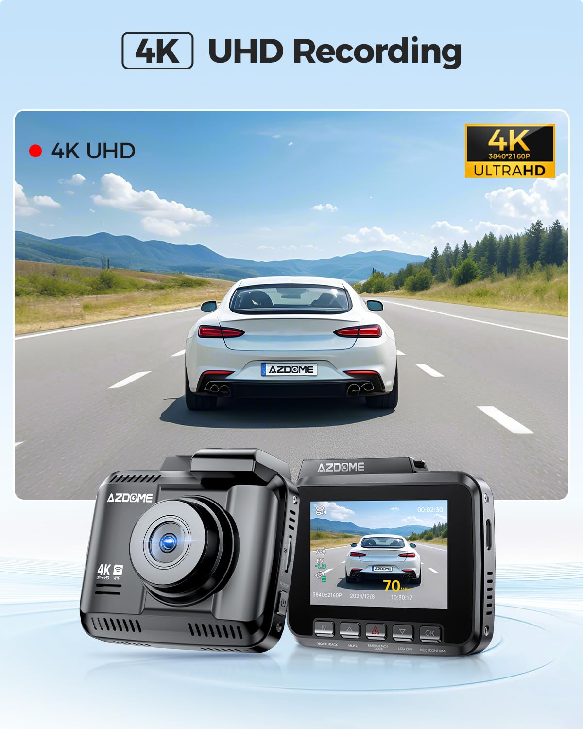 AZDOME GS63H 4K Dash Cam Built-in WiFi 6 GPS Car Dashboard Camera Recorder with STARVIS Night Vision, UHD 2160P, 150° Wide Angle, WDR, G-Sensor, Loop Recording, 24H Parking Mode