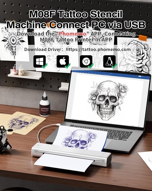 Phomemo Tattoo Stencil Printer with Case, Bluetooth Tattoo Machine with 10pcs Transfer Paper, Thermal Portable Printer for Artists & Beginners, Compatible with Phone & PC, Silver