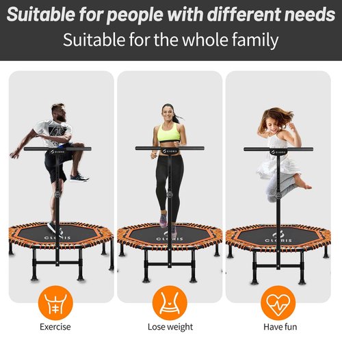 CLORIS 48in Folding Trampoline - Max Load 450lbs Mini Rebounder Fitness Trampoline with Adjustable Foam Handle, with safty Padded Cover Best Gift (48'' Orange)